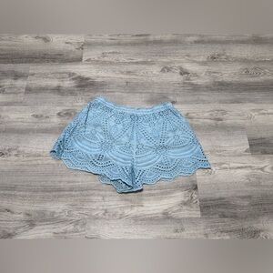 On The Road Blue Eyelet Embroidered Scallop Hem Shorts | Size M
